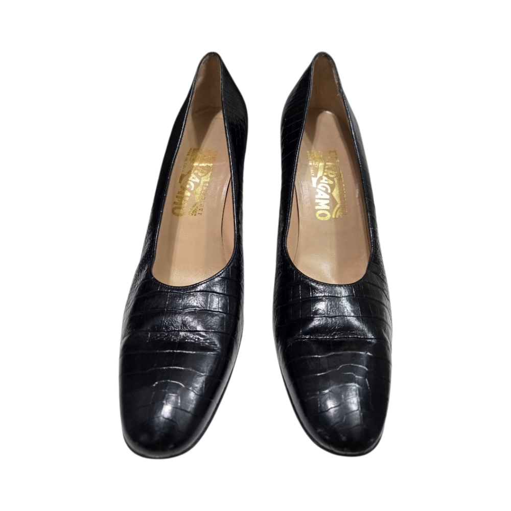 Salvatore Ferragamo Black Pumps Size 9 AA Leather Croc Embossed Heels Italy - Picture 3 of 15